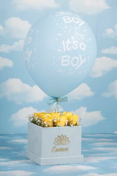 Box Arrangements Flower Box Of Yellow Roses & Balloon For Baby Boy