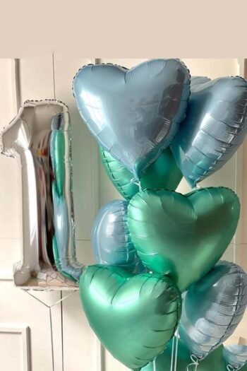 Balloon Arrangements Balloon Bunch of Pastel Blue & Green Heart With Silver Number 1