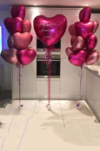 Anniversary Balloon Bunch Of Fuxia, Bubble Gum, Rose Gold With Big Heart