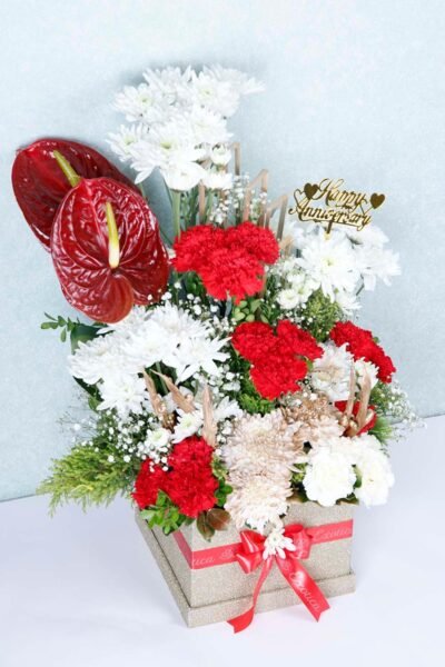 Box Arrangements Flower Box Of Red & White Carnation With Red Anthurium