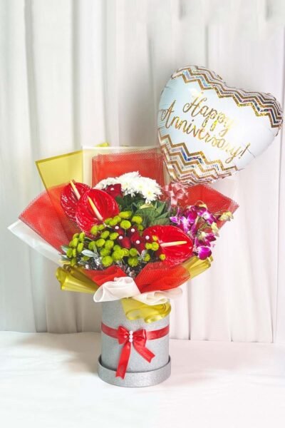 Box Arrangements Flower Box Of Red Anthurium, Green Botton Daisy, Purple Orchids With Anniversary Balloon
