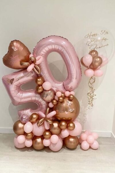 Balloon Arrangements Balloon Structure Of Pastel Pink 50 Number With Rose Gold Heart & Globe & Latex