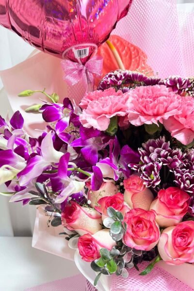 Box Arrangements Flower Box Of Pink Anthurium, Light Pink Carnation With Birthday Balloon
