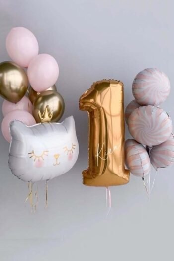 Balloon Arrangements Balloon Bunch Of Number 1 Gold With Swirly & Cat, Latex