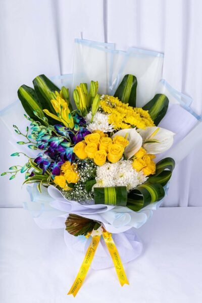 Fresh Flowers Flower Bunch Of Yellow Roses, Blue Orchids, Yellow Daisy With White Anthurium
