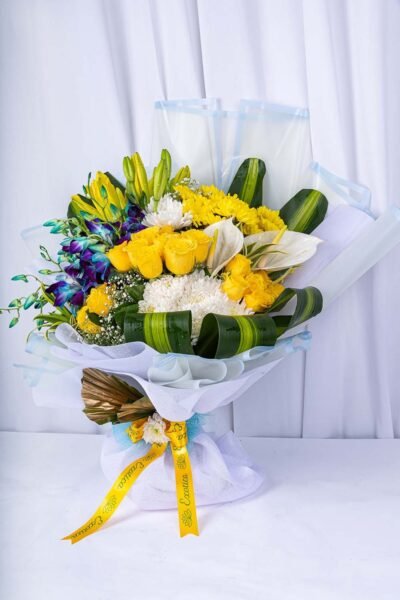 Fresh Flowers Flower Bunch Of Yellow Roses, Blue Orchids, Yellow Daisy With White Anthurium