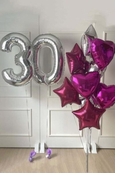 Balloon Arrangements Balloon Bunch Of Star & Heart With Silver Number 30