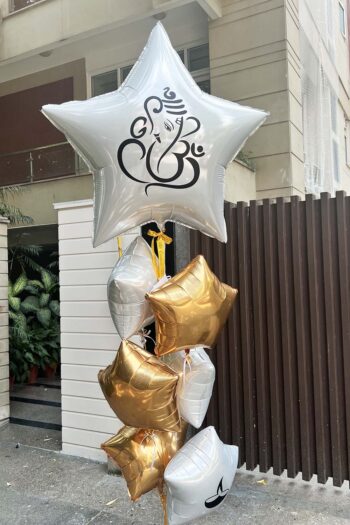 Helium Balloons Balloon Bunch Of Golden & White Stars With Ganesh ji Printing