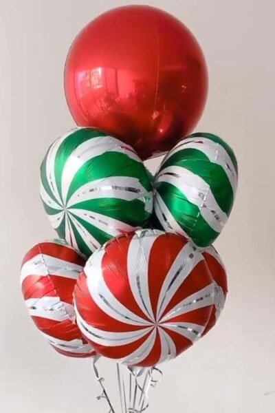 Balloon Arrangements Balloon Bunch Of Globe With Red & Green Swirly