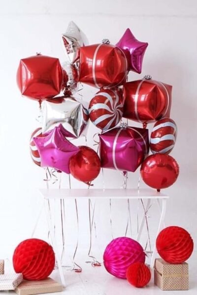 Balloon Arrangements Balloon Bunch Of Red & Silver  Square, Red & White Swirly, Fuxia Heart With Red Round