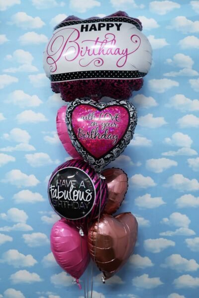 Balloon Arrangements Balloon Bunch Of Rose Gold & Bubble Gum Hearts With Big Birthday