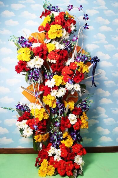 Fresh Flowers Wooden  Arrangement Flower of Red, White, Yellow  Color Gerbera With Purple Orchids