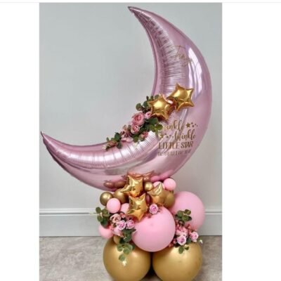 Balloon Arrangements Balloon Structure Of Pastel Pink Moon & Latex Balloon With Gold Star & Some Artificial Flowers
