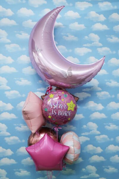 Balloon Arrangements Balloon Bunch Of Rounds & Star  For Baby Girl with Pastel Pink Moon