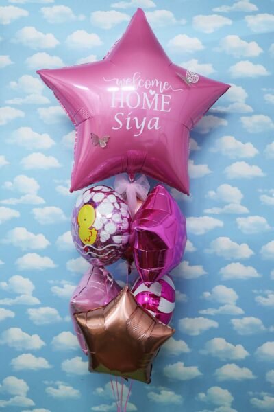 Balloon Arrangements Balloon Bunch Of Rounds & Star  For Baby Girl with Customised Bubble Gum Star