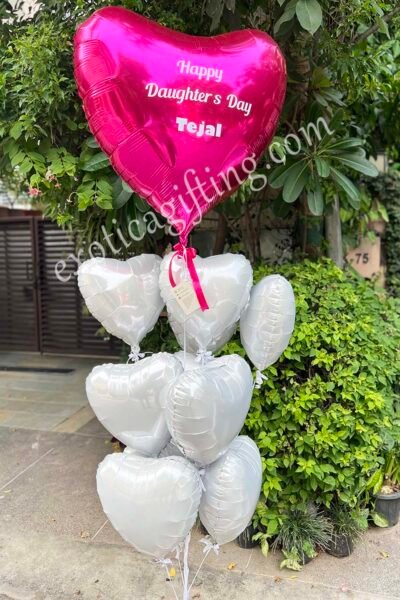 Balloon Arrangements Balloon Bunch Of White Hearts With Customized  Magenta Big Heart For Doughter’s Day