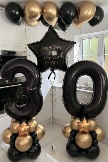 Helium Balloons Balloon Arrangement of Black, Gold Latex With Black Number 30 & Star