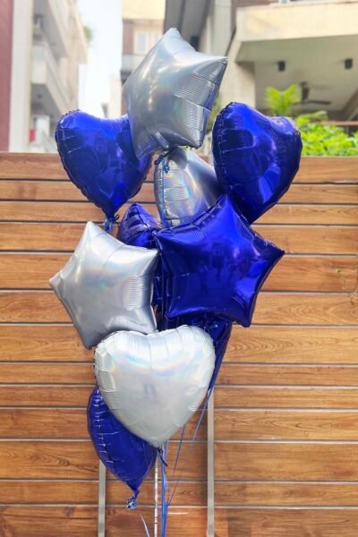 Balloon Arrangements Balloon Bunch Of Capri Blue & Grey of Hearts & Stars