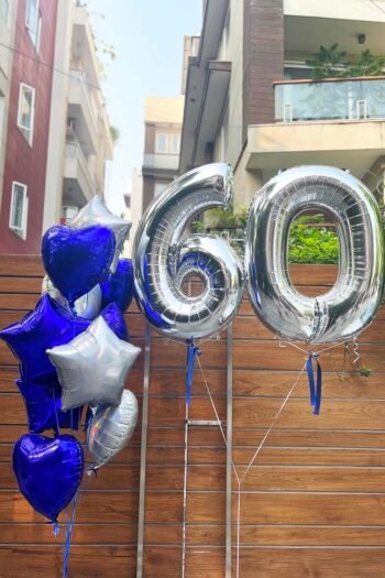 Balloon Arrangements Balloon Bunch Of Capri Blue & Grey of Hearts & Stars with Number “60”