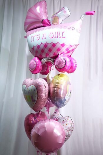 Balloon Arrangements Balloon Bunch Of Round & Heart With It’s a Girl Buggy 3D