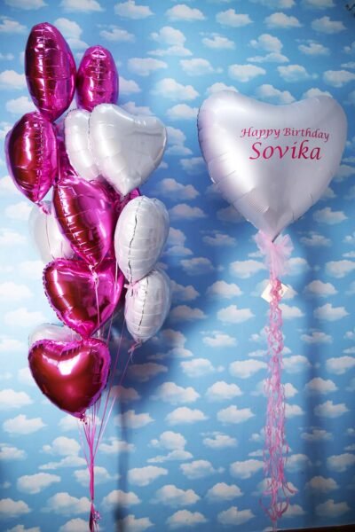 Balloon Arrangements Balloon Bunch Of Fuxia & White Hearts With Big White Heart