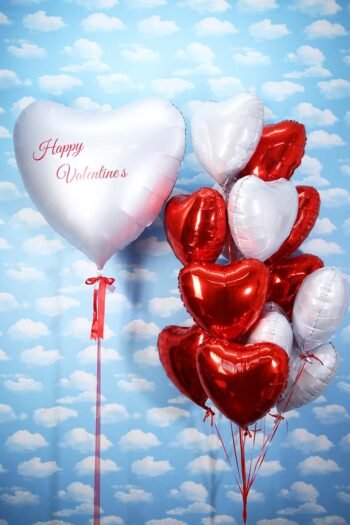 Balloon Arrangements Balloon Bunch Of Big White Heart With Red & White Small Hearts For Valentine’s