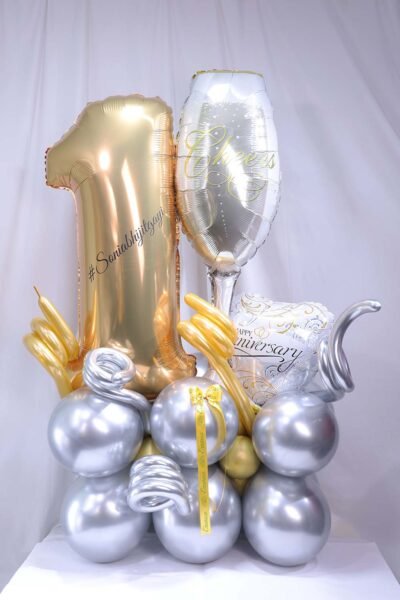 Anniversary Balloon Structure Of Gold Number 1 & Champagne Glass, Anniversary Heart With Silver latex