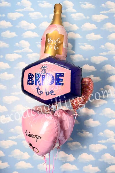 Anniversary Balloon B unch of Rose Bottle & Bride To Be With Pastel Pink Hearts