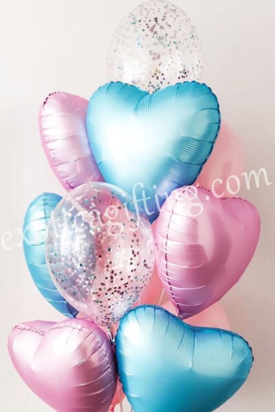 Balloon Arrangements Balloon Bunch Of Blue & Pink Heart With Confetti