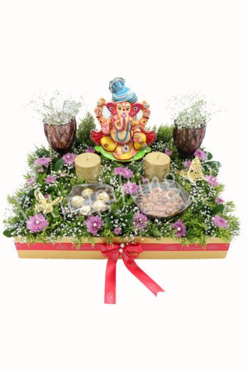 Box Arrangements Box Flower Arrangement Of Lilac Daisy With Ganesh Ji & Candle