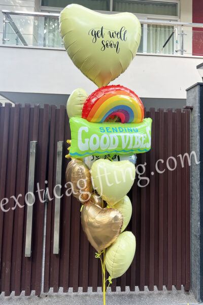 Balloon Arrangements Balloon Bunch Of Matte Yellow Heart Woth Rainbow & Hearts