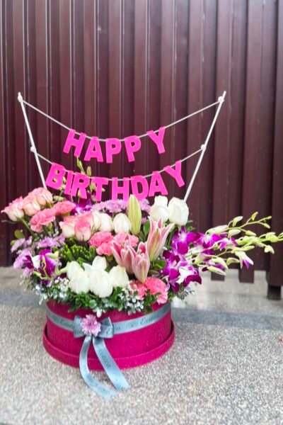 Box Arrangements Flower Box Of Roses & Orchids With “HAPPY BIRTHDAY” Banner