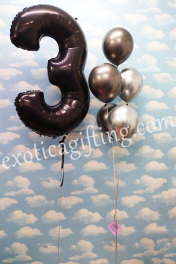 Balloon Arrangements Balloon Bunch Of Silver & Black Latex With Number “3” In Black