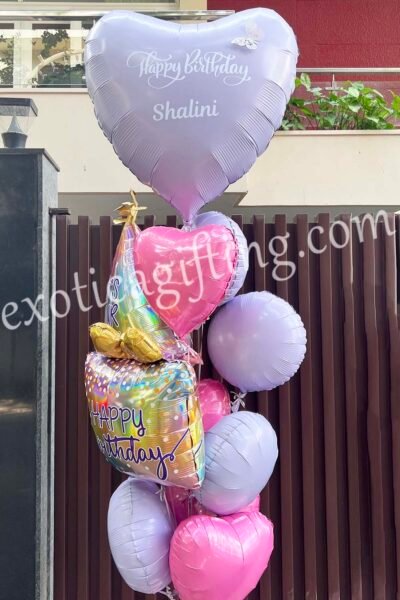 Balloon Arrangements Balloon Bunch of Matte Lilac Heart With Opal Birthday Hat & Bubble Gum Hearts