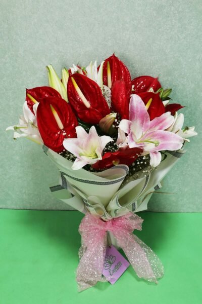 Fresh Flowers Flower Bunch Of Red Anthurium & Pink Oreintal Lilies