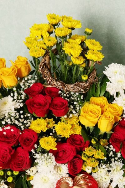 Box Arrangements Flower Box Of Red & Yellow Roses With Yellow, White Daisy