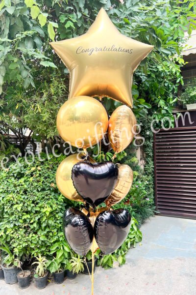Balloon Arrangements Balloon Bunch of Gold Star & Globes  With Black Hearts