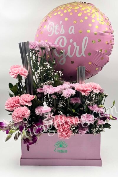 Box Arrangements Box Flower Arrangement of Pink Carnation & Lilac Daisy With Baby Girl Balloon.