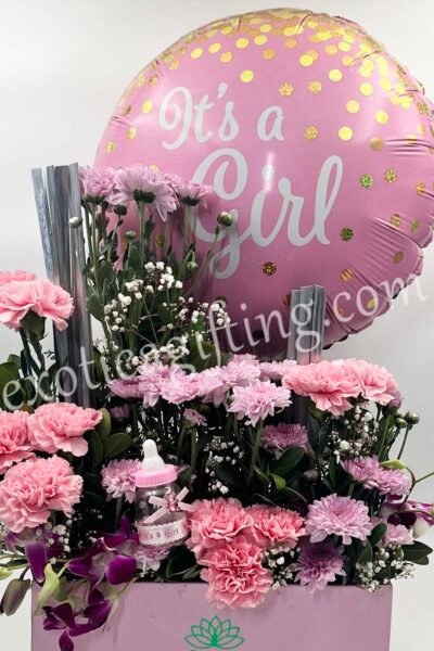 Box Arrangements Box Flower Arrangement of Pink Carnation & Lilac Daisy With Baby Girl Balloon.