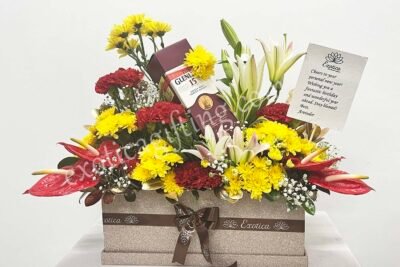Box Arrangements Box Flower Arrangement of  Red Anthurium & Red Carnation With Yellow Daisy