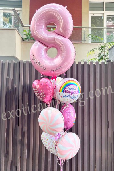 Balloon Arrangements Balloon Bunch Of Number “8” Pastel Pink With Rounds & Hearts