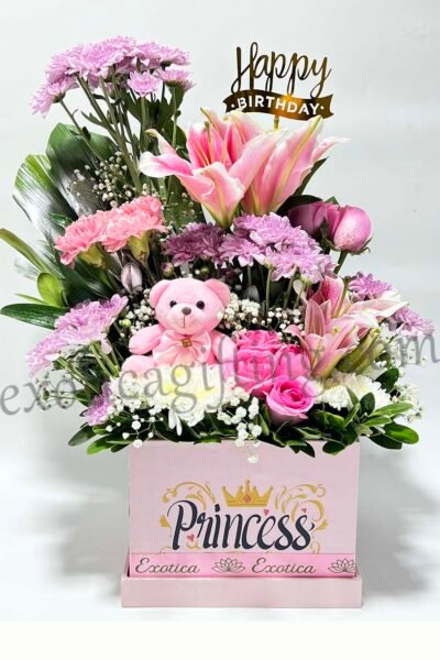 Box Arrangements Box Flower Arrangement of Pink Oriental Lily, Lilac Daisy, Revival Roses With Small Teddy