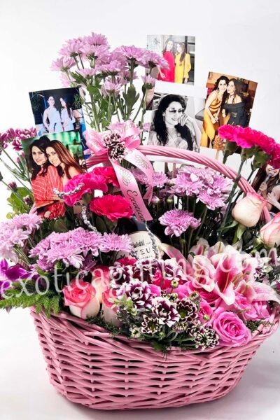 Basket Arrangements Basket of Flower in Pink Shade Color With Multiple Photos