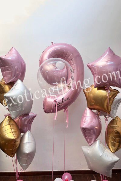 Balloon Arrangements Balloon Bunch Of Number “9” In Pastel Pink With Stars