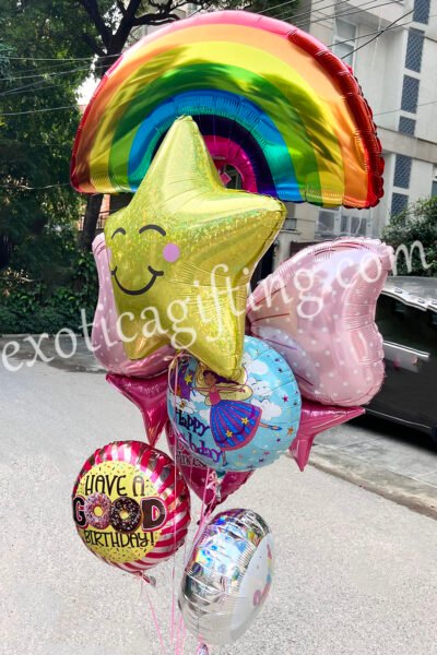 Balloon Arrangements Balloon Bunch Of Smily star & Rainbow With Pink Bow