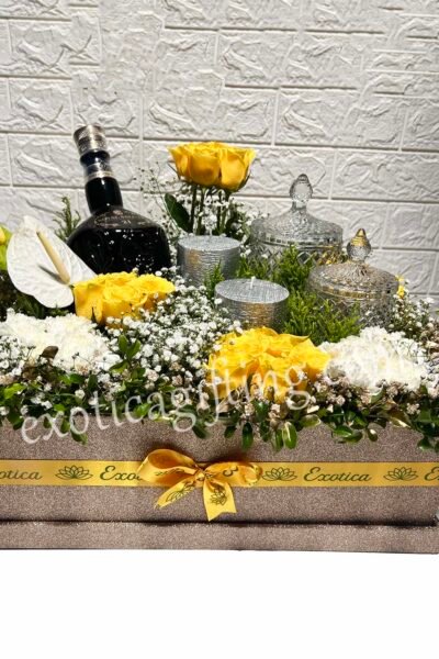 Box Arrangements Flower Arrangement of Yellow Roses & Carnations With Piller Candle & Drink