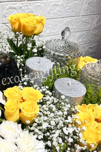 Box Arrangements Flower Arrangement of Yellow Roses & Carnations With Piller Candle & Drink