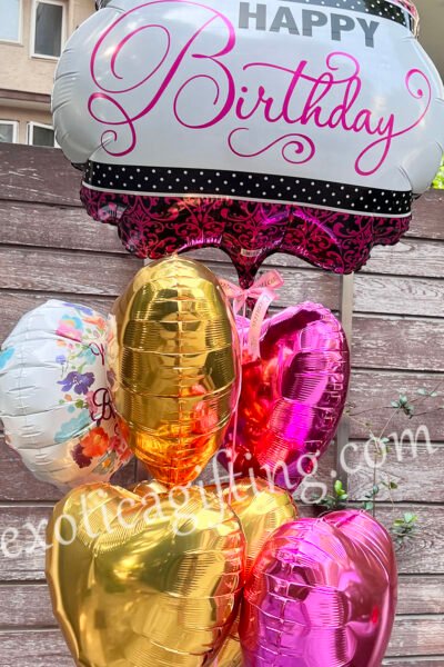 Balloon Arrangements Balloon Bunch Of Golden & Fuxia Hearts With Big Birthday