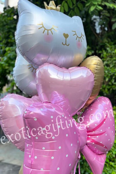 Balloon Arrangements Balloon Bunch Of White Cat With Pink Bow & Hearts