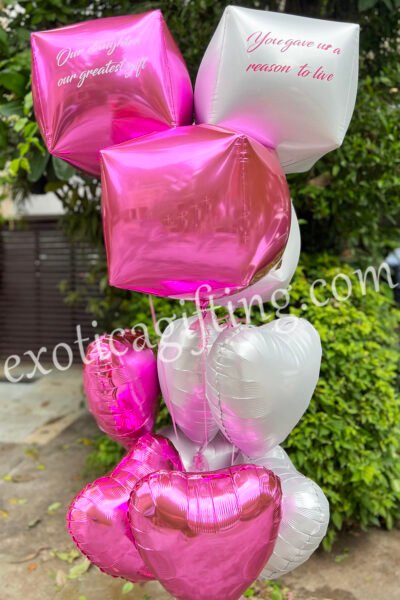Balloon Arrangements Balloon Bunch Of Cube & Hearts In White, Fuxia